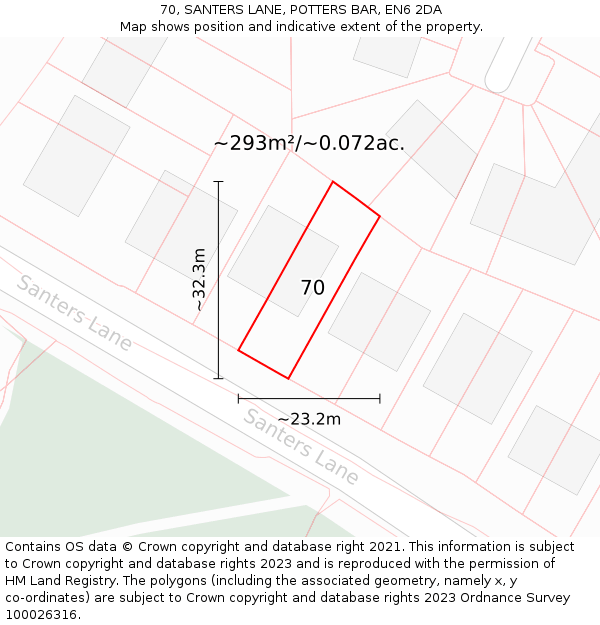 70, SANTERS LANE, POTTERS BAR, EN6 2DA: Plot and title map