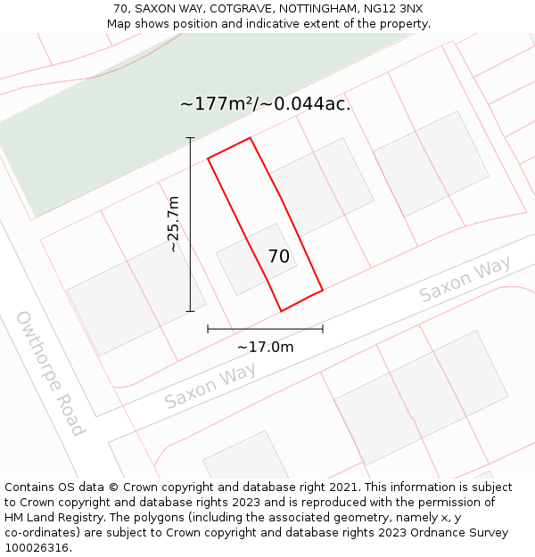 70, SAXON WAY, COTGRAVE, NOTTINGHAM, NG12 3NX: Plot and title map
