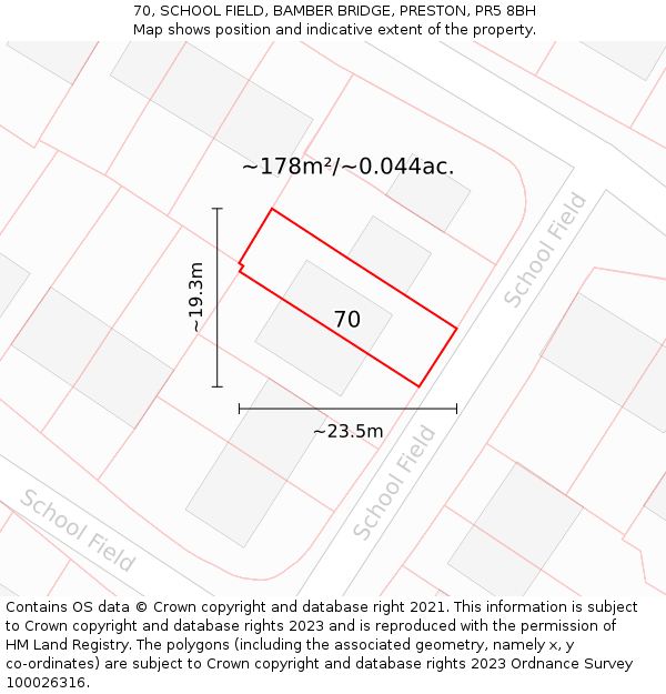 70, SCHOOL FIELD, BAMBER BRIDGE, PRESTON, PR5 8BH: Plot and title map