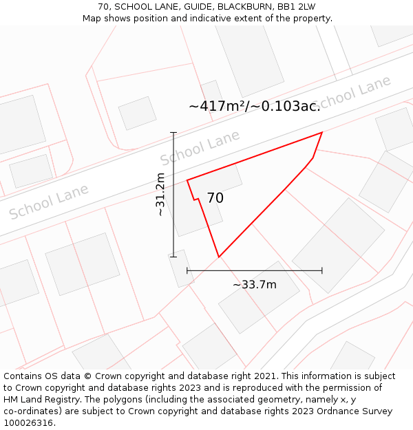 70, SCHOOL LANE, GUIDE, BLACKBURN, BB1 2LW: Plot and title map