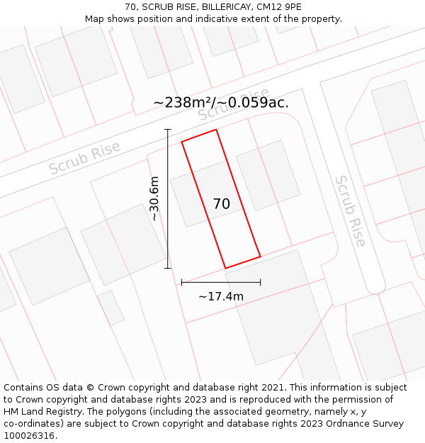 70, SCRUB RISE, BILLERICAY, CM12 9PE: Plot and title map