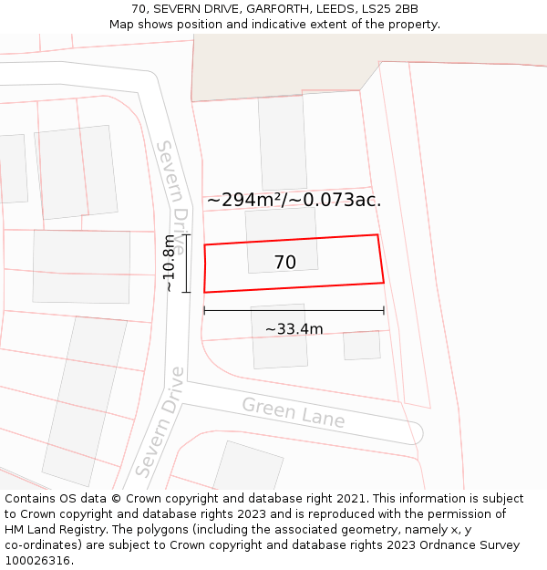70, SEVERN DRIVE, GARFORTH, LEEDS, LS25 2BB: Plot and title map