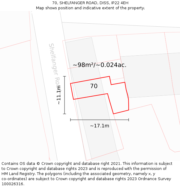 70, SHELFANGER ROAD, DISS, IP22 4EH: Plot and title map