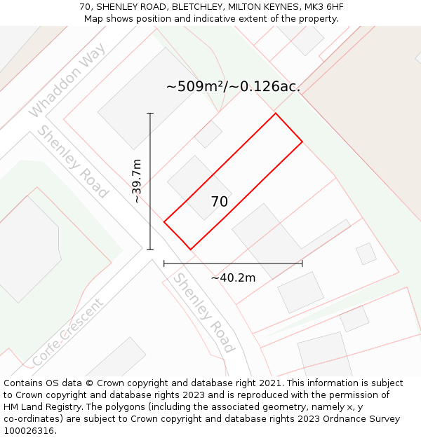 70, SHENLEY ROAD, BLETCHLEY, MILTON KEYNES, MK3 6HF: Plot and title map
