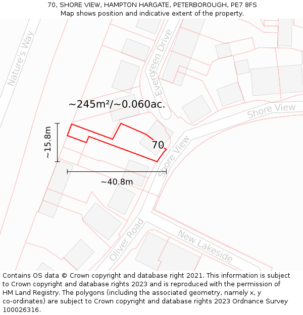70, SHORE VIEW, HAMPTON HARGATE, PETERBOROUGH, PE7 8FS: Plot and title map