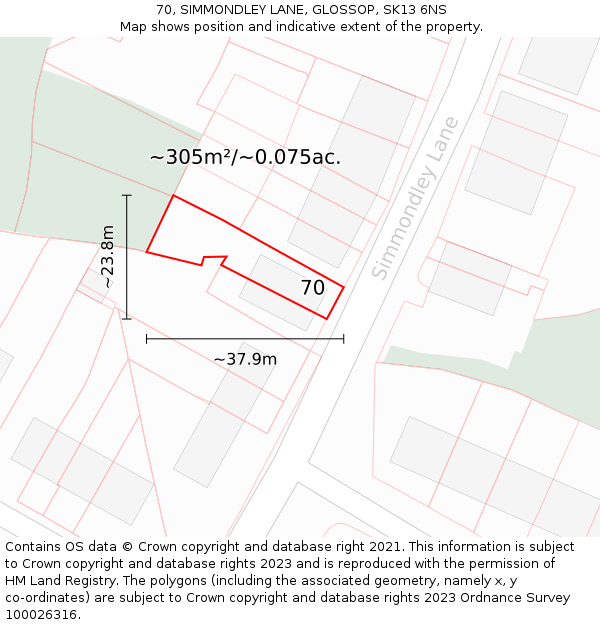 70, SIMMONDLEY LANE, GLOSSOP, SK13 6NS: Plot and title map