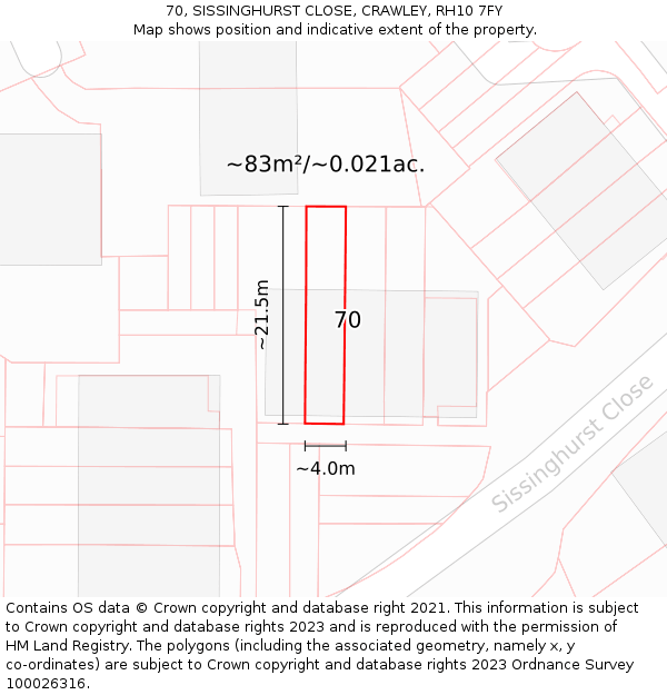 70, SISSINGHURST CLOSE, CRAWLEY, RH10 7FY: Plot and title map