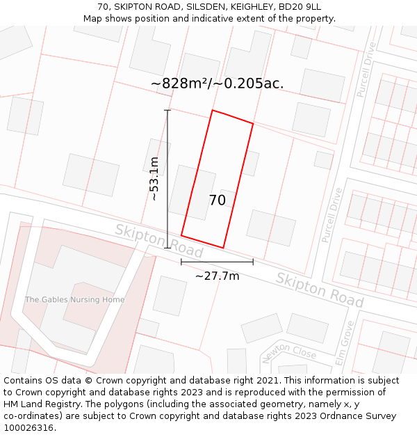 70, SKIPTON ROAD, SILSDEN, KEIGHLEY, BD20 9LL: Plot and title map