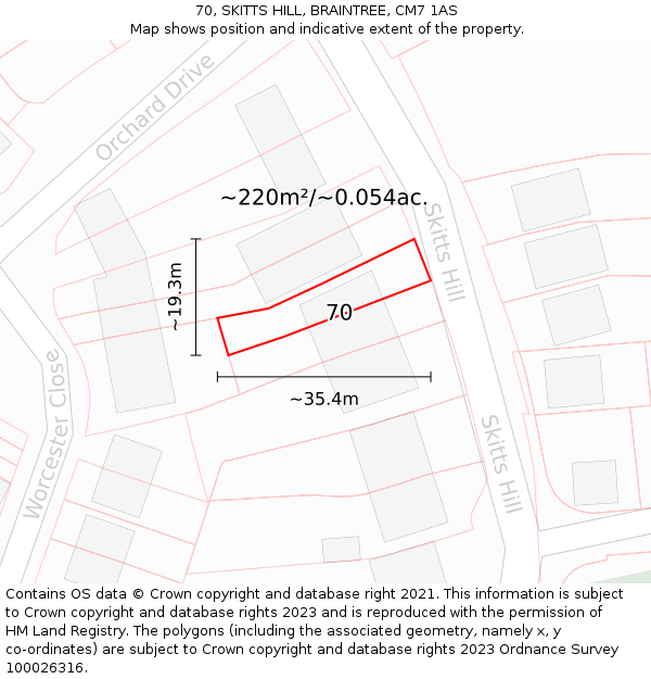 70, SKITTS HILL, BRAINTREE, CM7 1AS: Plot and title map