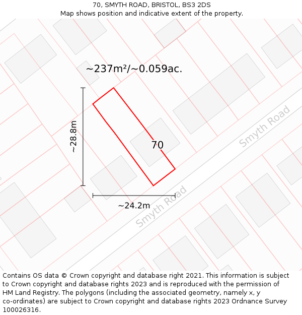 70, SMYTH ROAD, BRISTOL, BS3 2DS: Plot and title map