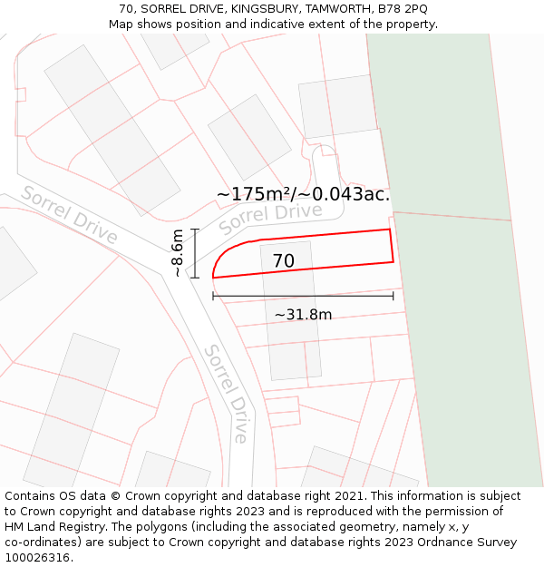 70, SORREL DRIVE, KINGSBURY, TAMWORTH, B78 2PQ: Plot and title map