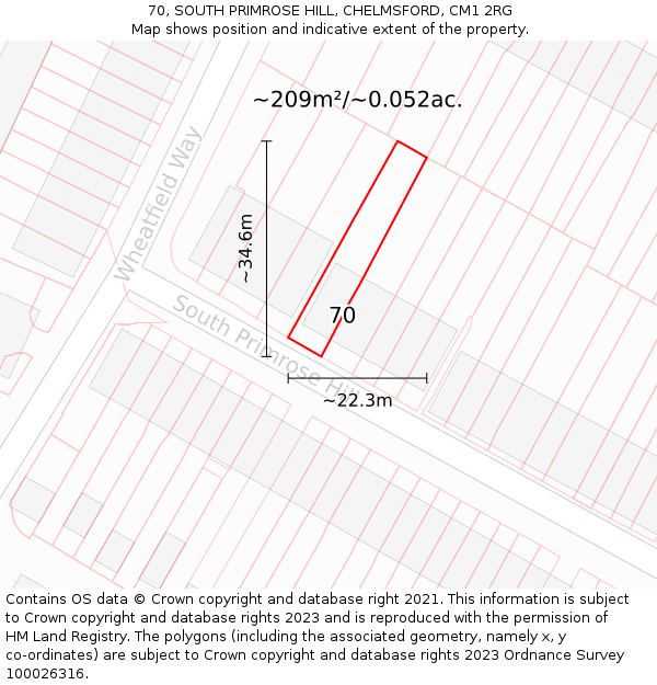 70, SOUTH PRIMROSE HILL, CHELMSFORD, CM1 2RG: Plot and title map