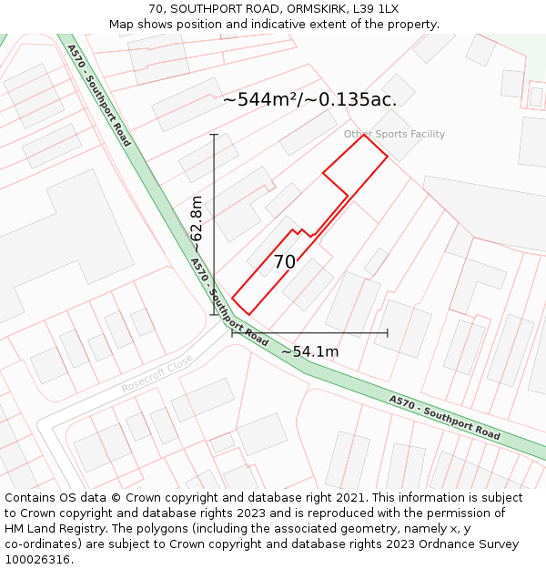 70, SOUTHPORT ROAD, ORMSKIRK, L39 1LX: Plot and title map