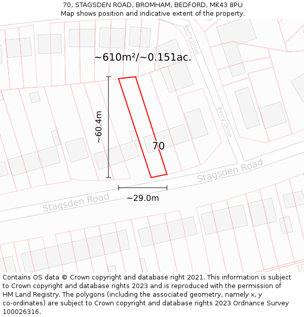 70, STAGSDEN ROAD, BROMHAM, BEDFORD, MK43 8PU: Plot and title map
