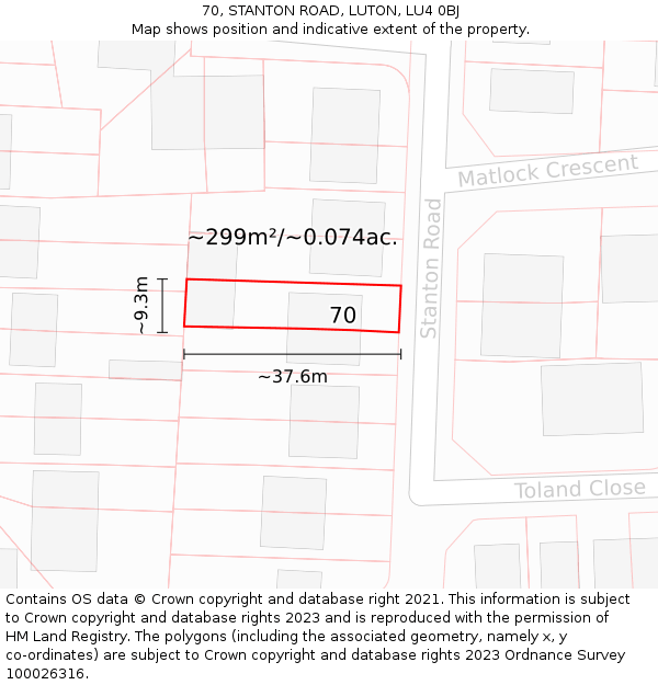 70, STANTON ROAD, LUTON, LU4 0BJ: Plot and title map