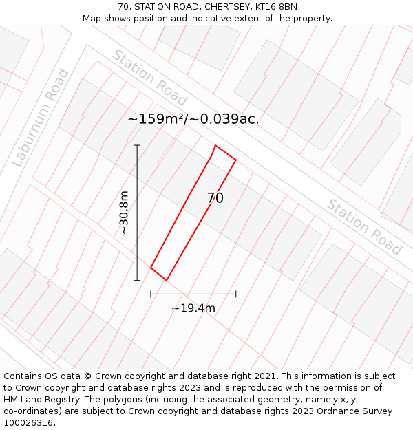 70, STATION ROAD, CHERTSEY, KT16 8BN: Plot and title map