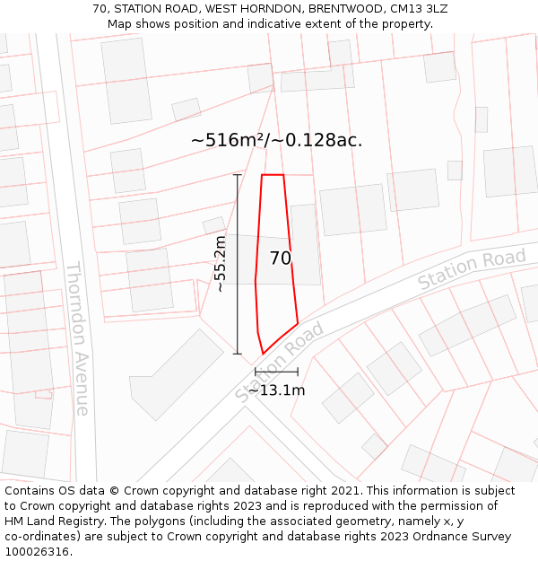 70, STATION ROAD, WEST HORNDON, BRENTWOOD, CM13 3LZ: Plot and title map