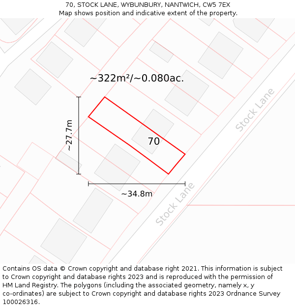 70, STOCK LANE, WYBUNBURY, NANTWICH, CW5 7EX: Plot and title map