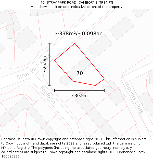 70, STRAY PARK ROAD, CAMBORNE, TR14 7TJ: Plot and title map