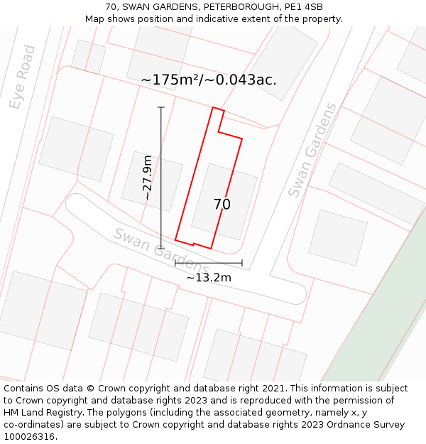 70, SWAN GARDENS, PETERBOROUGH, PE1 4SB: Plot and title map