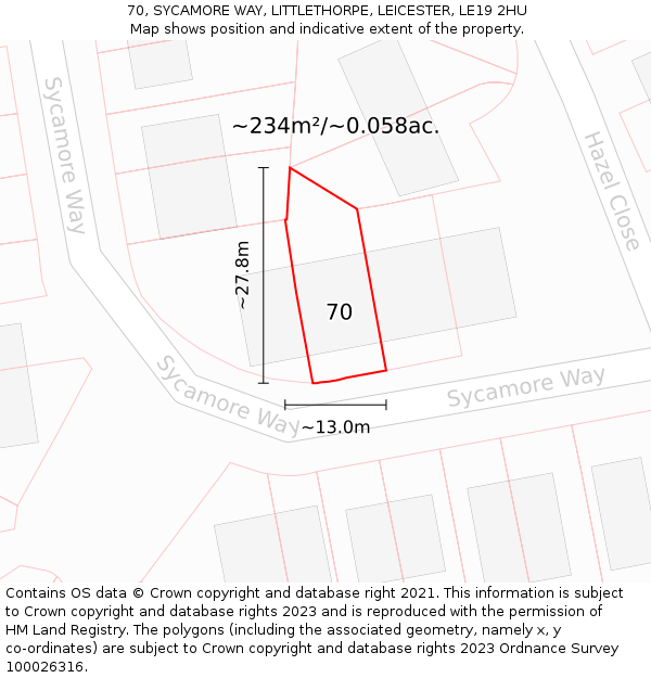 70, SYCAMORE WAY, LITTLETHORPE, LEICESTER, LE19 2HU: Plot and title map
