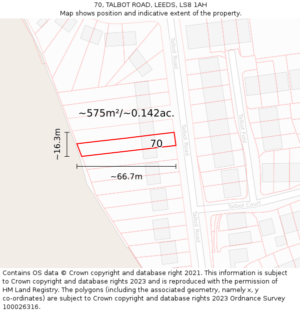 70, TALBOT ROAD, LEEDS, LS8 1AH: Plot and title map