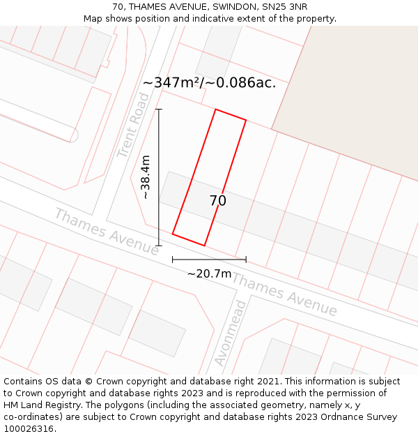 70, THAMES AVENUE, SWINDON, SN25 3NR: Plot and title map