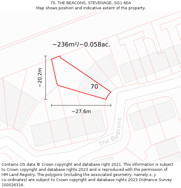 70, THE BEACONS, STEVENAGE, SG1 6EA: Plot and title map