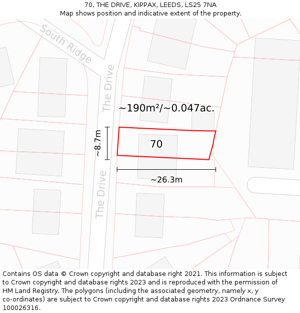 70, THE DRIVE, KIPPAX, LEEDS, LS25 7NA: Plot and title map