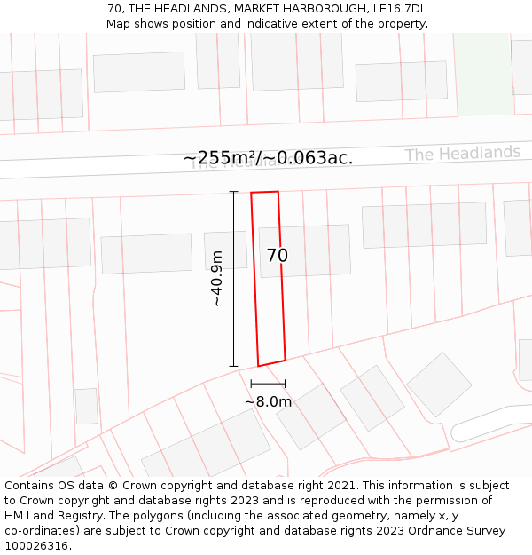 70, THE HEADLANDS, MARKET HARBOROUGH, LE16 7DL: Plot and title map
