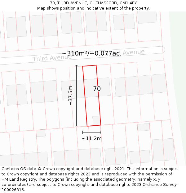 70, THIRD AVENUE, CHELMSFORD, CM1 4EY: Plot and title map