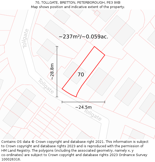 70, TOLLGATE, BRETTON, PETERBOROUGH, PE3 9XB: Plot and title map