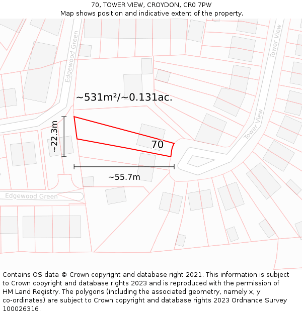 70, TOWER VIEW, CROYDON, CR0 7PW: Plot and title map