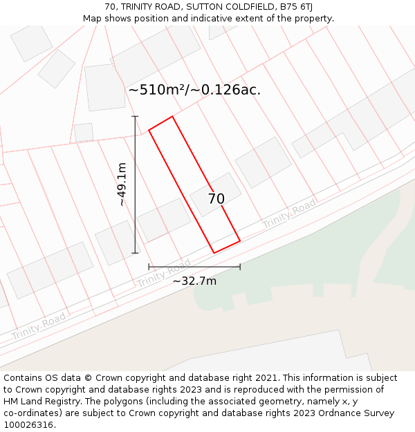 70, TRINITY ROAD, SUTTON COLDFIELD, B75 6TJ: Plot and title map
