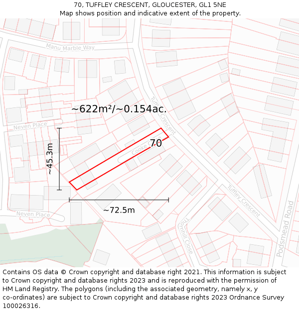 70, TUFFLEY CRESCENT, GLOUCESTER, GL1 5NE: Plot and title map