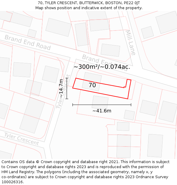 70, TYLER CRESCENT, BUTTERWICK, BOSTON, PE22 0JT: Plot and title map