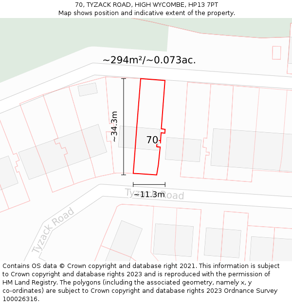 70, TYZACK ROAD, HIGH WYCOMBE, HP13 7PT: Plot and title map