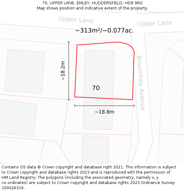 70, UPPER LANE, EMLEY, HUDDERSFIELD, HD8 9RG: Plot and title map