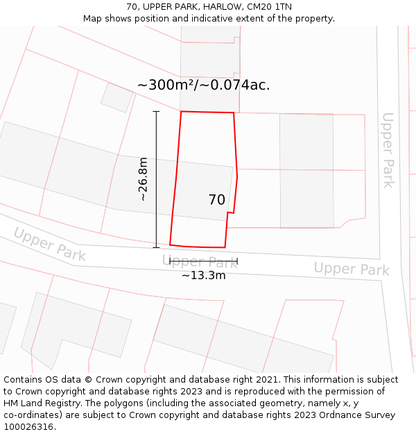 70, UPPER PARK, HARLOW, CM20 1TN: Plot and title map