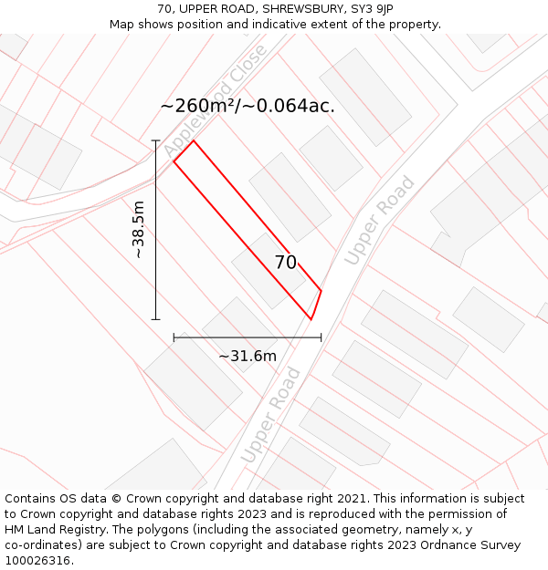 70, UPPER ROAD, SHREWSBURY, SY3 9JP: Plot and title map