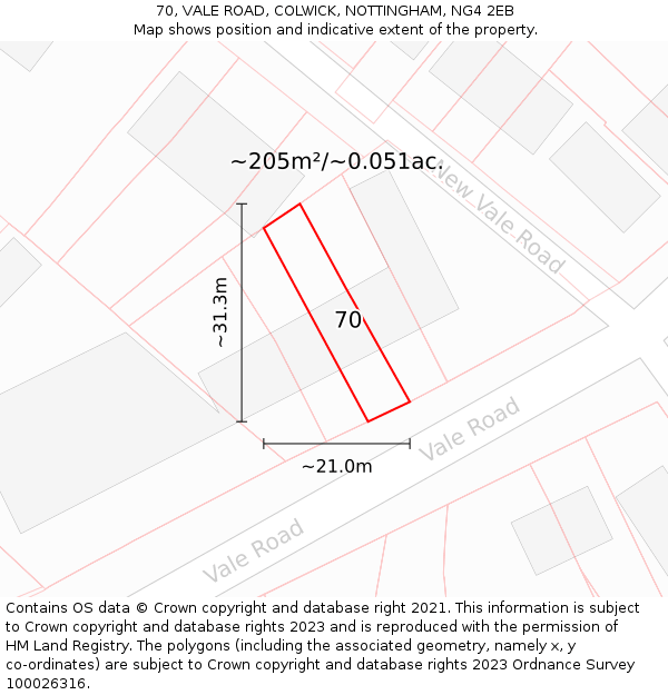 70, VALE ROAD, COLWICK, NOTTINGHAM, NG4 2EB: Plot and title map