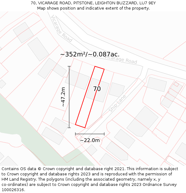 70, VICARAGE ROAD, PITSTONE, LEIGHTON BUZZARD, LU7 9EY: Plot and title map