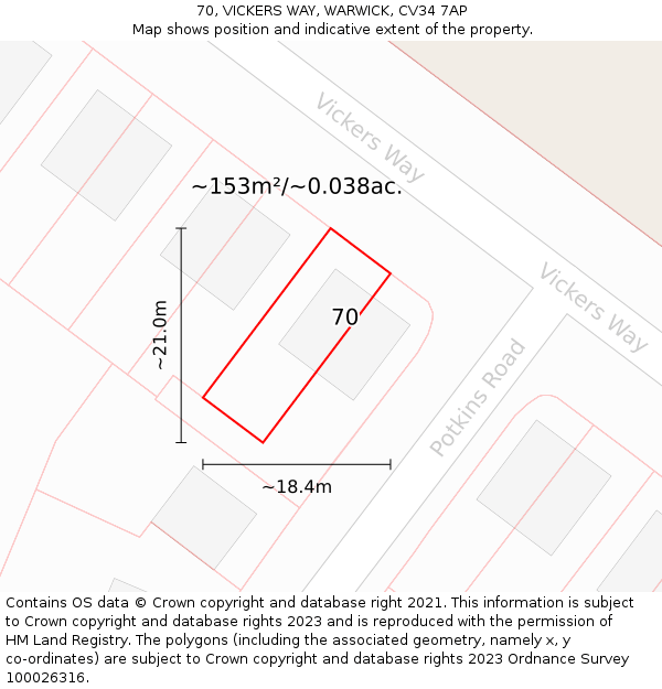 70, VICKERS WAY, WARWICK, CV34 7AP: Plot and title map