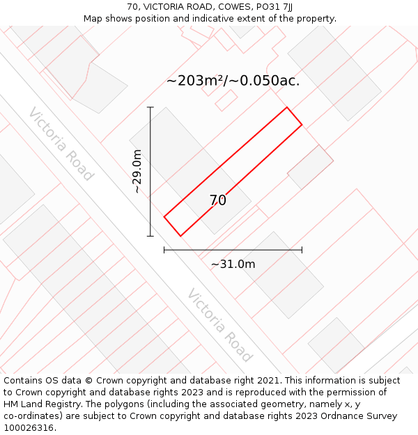 70, VICTORIA ROAD, COWES, PO31 7JJ: Plot and title map