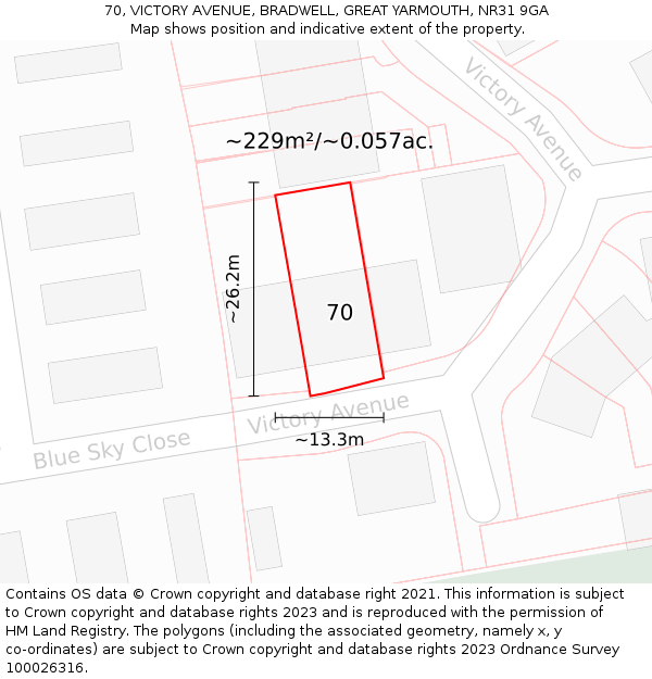 70, VICTORY AVENUE, BRADWELL, GREAT YARMOUTH, NR31 9GA: Plot and title map