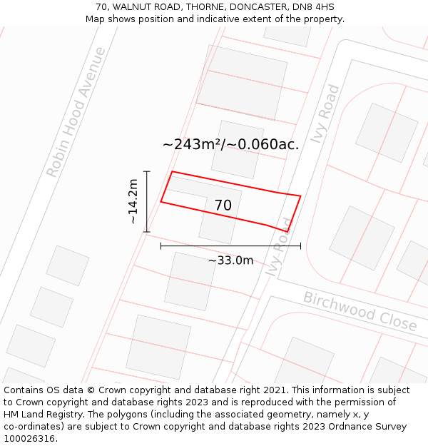 70, WALNUT ROAD, THORNE, DONCASTER, DN8 4HS: Plot and title map