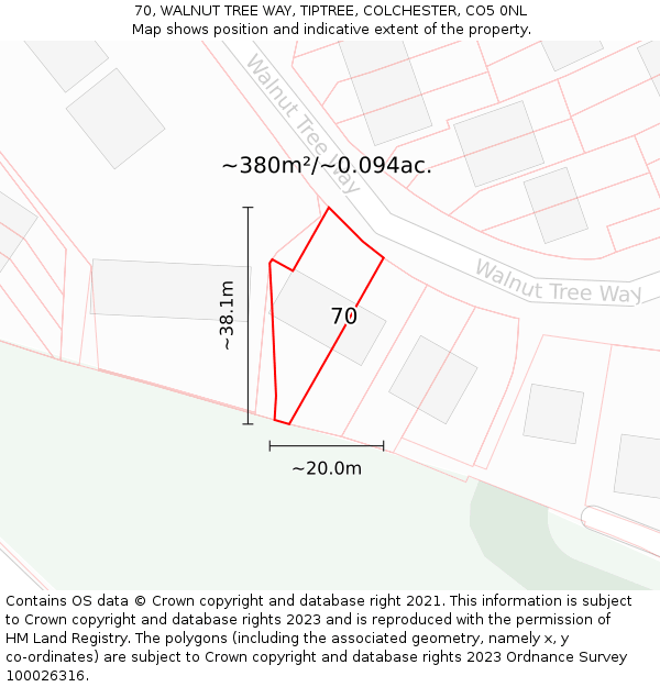 70, WALNUT TREE WAY, TIPTREE, COLCHESTER, CO5 0NL: Plot and title map