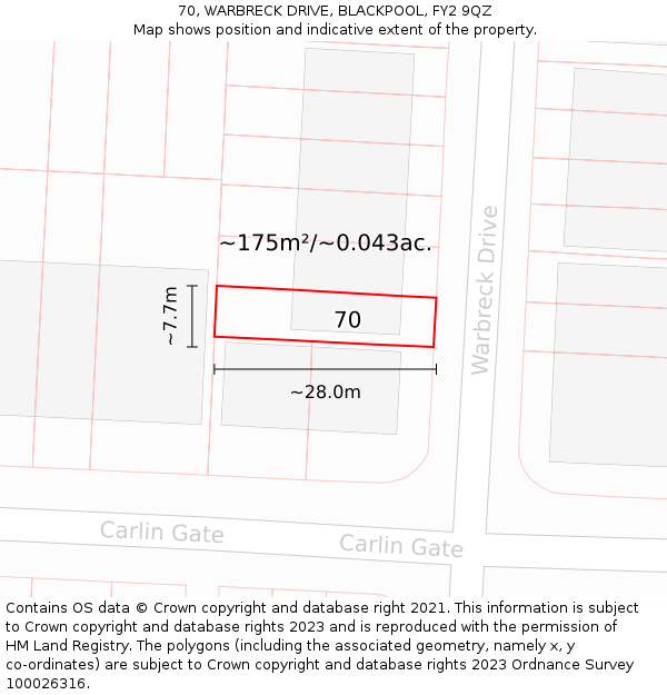 70, WARBRECK DRIVE, BLACKPOOL, FY2 9QZ: Plot and title map