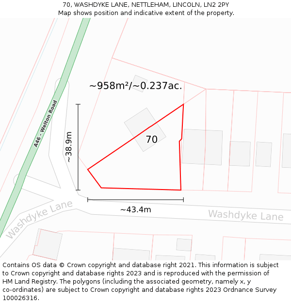 70, WASHDYKE LANE, NETTLEHAM, LINCOLN, LN2 2PY: Plot and title map