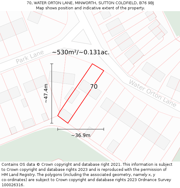 70, WATER ORTON LANE, MINWORTH, SUTTON COLDFIELD, B76 9BJ: Plot and title map
